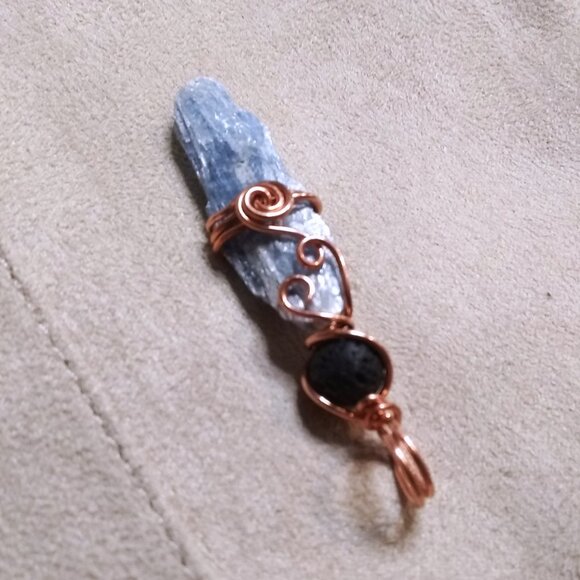 Handmade Rough Blue Kyanite + Black Lava Rock Pendant ~ Wire Wrapped with Copper - Picture 6 of 8